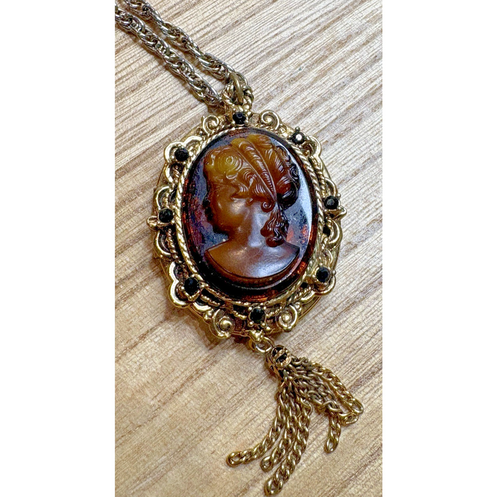 Brown glass locket pendant necklace Victorian Carved Cameo Tortoise Edwardian
